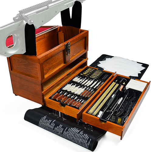 Kit de limpieza de pistola universal con estuche de madera de lujo y soporte para pistola
